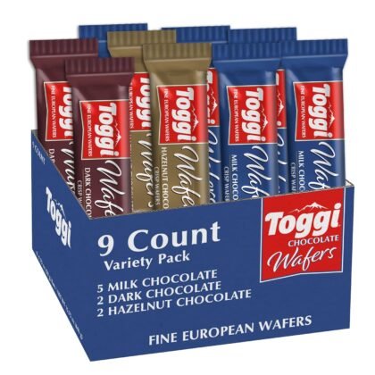 TOGGI Fine European Chocolate Wafers, Variety Snack Box, Stocking Stuffers, Milk Chocolate, Dark Chocolate, and Hazelnut (1.75 oz 9 Count)