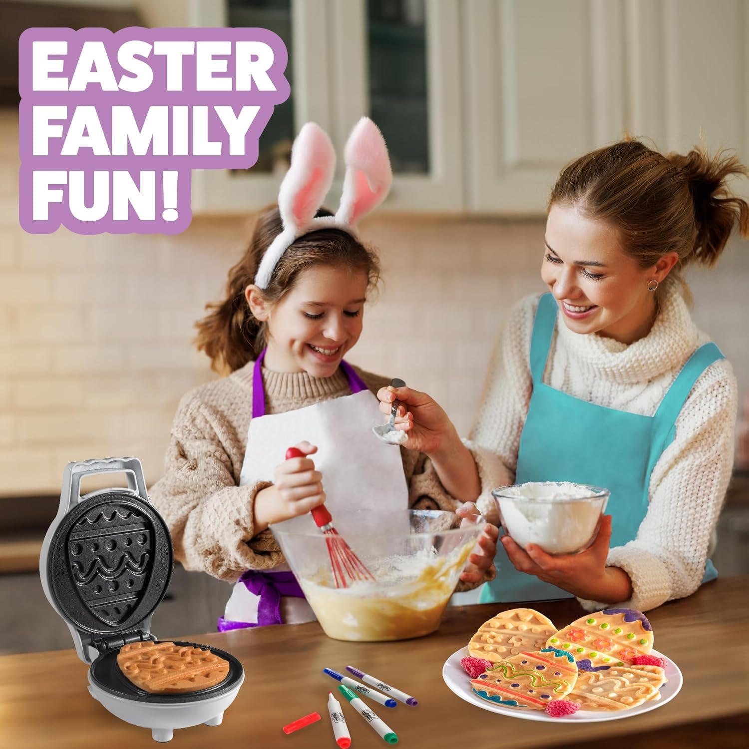 Mini Easter Egg Waffle Maker- Make Holiday Morning Breakfast Special - Includes 4 Edible Food Markers for Optional Extra Decorating Fun - Easter Bunny Basket Stuffer, Egg Hunt Surprise Gift for Kids - Image 5