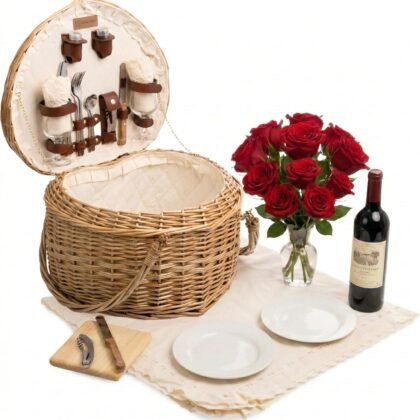 PICNIC TIME Heart Picnic Basket for 2, Wicker Basket with Handle, Complete Deluxe Service for Two, Handwoven and Sturdy Willow Constructed with Fully-lined interior and Accessories, (Antique White)