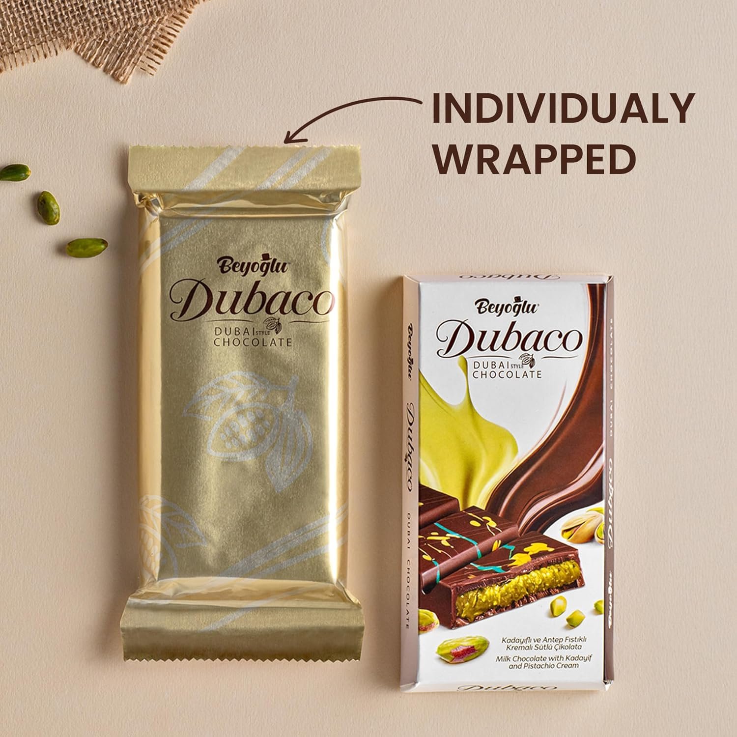 Beyoglu Dubaco Dubai Chocolate Bar Pistachio 7.05 Oz (Pack of 1), Luxury & Premium Dubai Milk Chocolate Bar Filled with Pistachio Butter & Shredded Knafeh Kadayif - Image 6