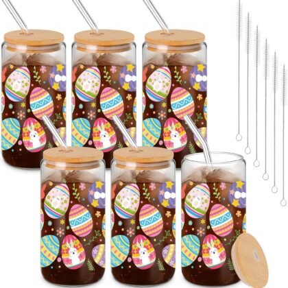 Yungyan 6 Pcs Easter Glass Cup with Lids and Straws, 16 oz Eggs Tumbler Easter Drinking Glasses Iced Coffee Cup Drinking Jars for Women Men Couple Lover Birthday Party Favor Gift