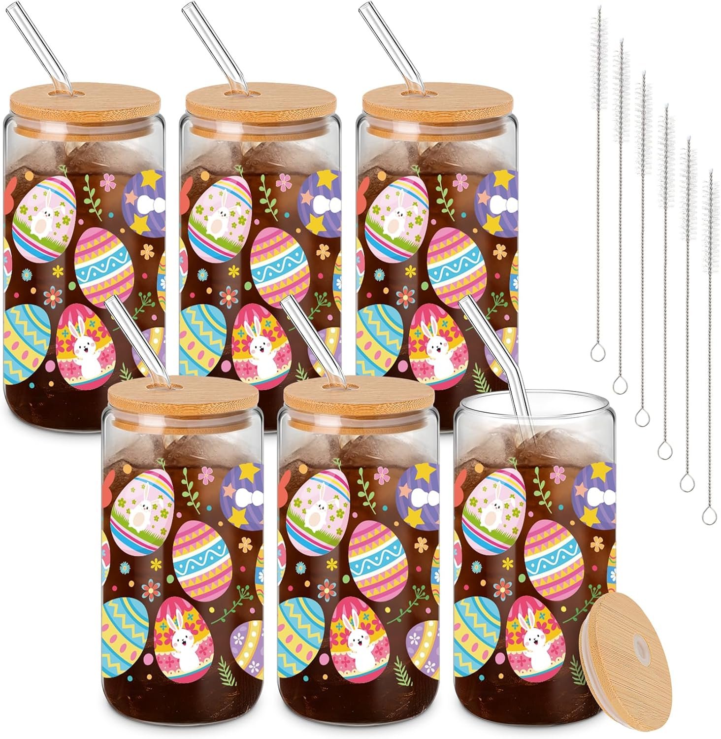 Yungyan 6 Pcs Easter Glass Cup with Lids and Straws, 16 oz Eggs Tumbler Easter Drinking Glasses Iced Coffee Cup Drinking Jars for Women Men Couple Lover Birthday Party Favor Gift
