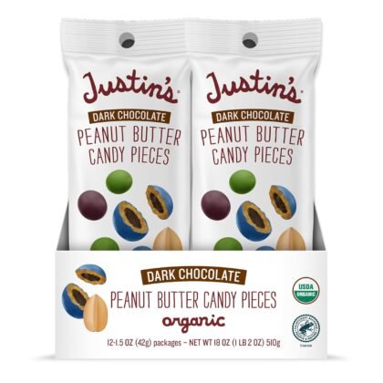 Justin's Dark Chocolate Peanut Butter Candy Pieces 12pk of 1.5oz bags Organic, Gluten Free, Non-GMO, Responsibly Source, Rainforest Alliance Certified Cocoa