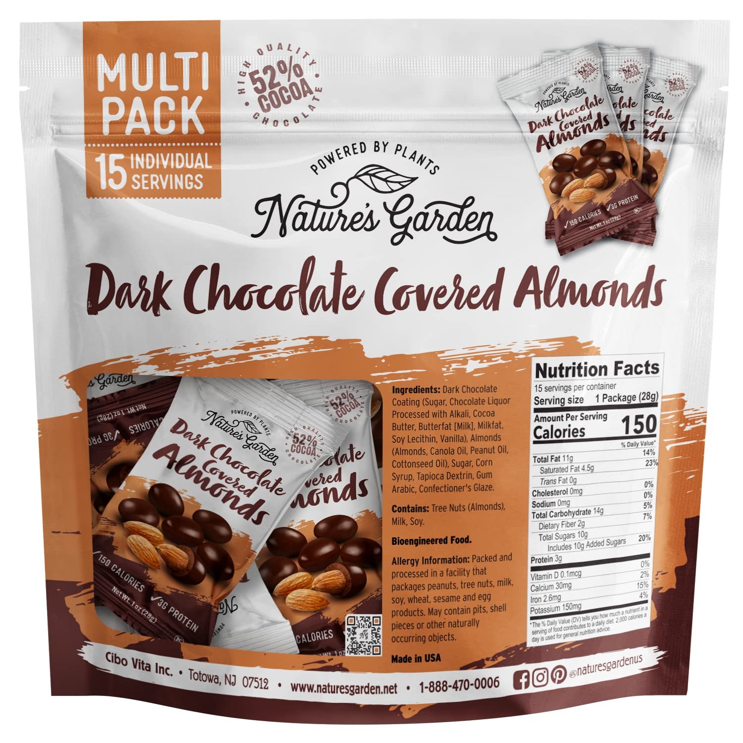 Nature's Garden Dark Chocolate Covered Almonds Snack Packs – No Trans Fat, Indulgent Snack, Dark Chocolate Almonds, Kosher Certified – 1 Oz Bags (15 Individual Servings) - Image 2