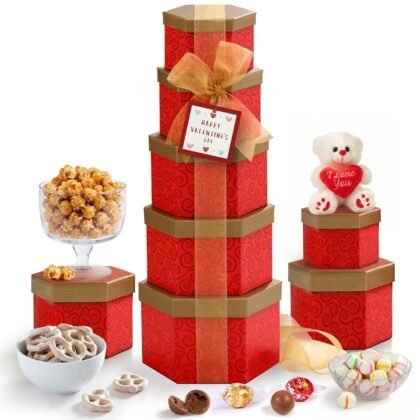 Broadway Basketeers Snacks and Sweets Ruby Red Gift Basket Tower, Anniversary, Birthday, Thinking of You for Women, Mom, Step-Mother, Wife, Girlfriend, Her or Him