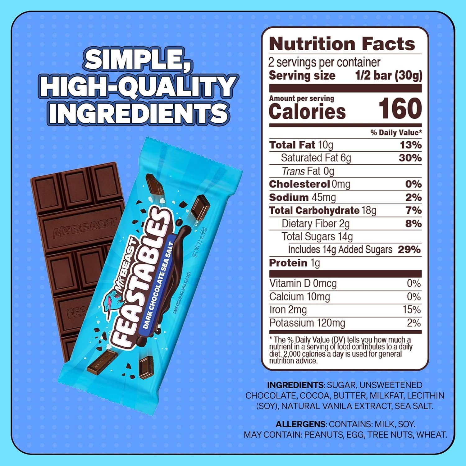 MrBeast Feastables Dark Chocolate with Sea Salt Bar, King Size, 10 Count, Sweet & Salty Chocolate Candy, Fairtrade Cocoa, 2.1oz Each - Image 2
