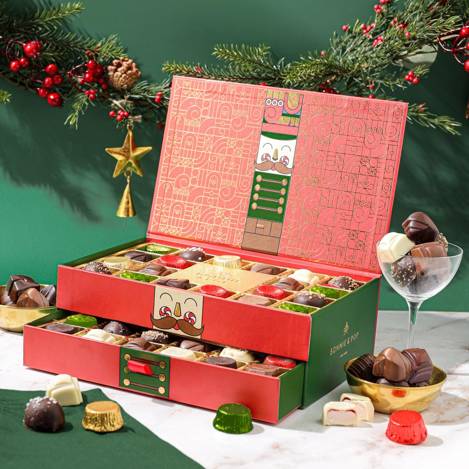 Chocolate Gift Basket, Candy Food Gifts, Gourmet Snack Box, Holiday Present Idea, Corporate Him & Her, Men, Women, Two-Tier Box with Assorted Belgian Truffles, 10+ Flavors, Bonnie and Pop (Red) - Image 7