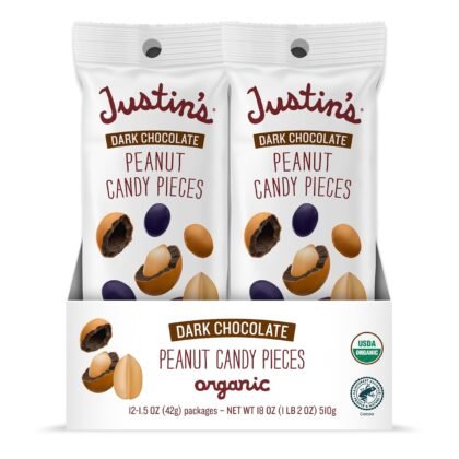 Justin's Dark Chocolate Peanut Candy Pieces 12pk of 1.5oz bags Organic, Gluten Free, Non-GMO, Responsibly Source, Rainforest Alliance Certified Cocoa