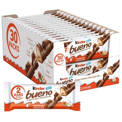 Kinder Bueno Milk Chocolate Bars with Hazelnut Filling, 30 Packs of 2, Bulk Chocolate Candy Bars for Game Day, Football Party Supplies, Snacks for Adults, 1.4 oz Per Pack