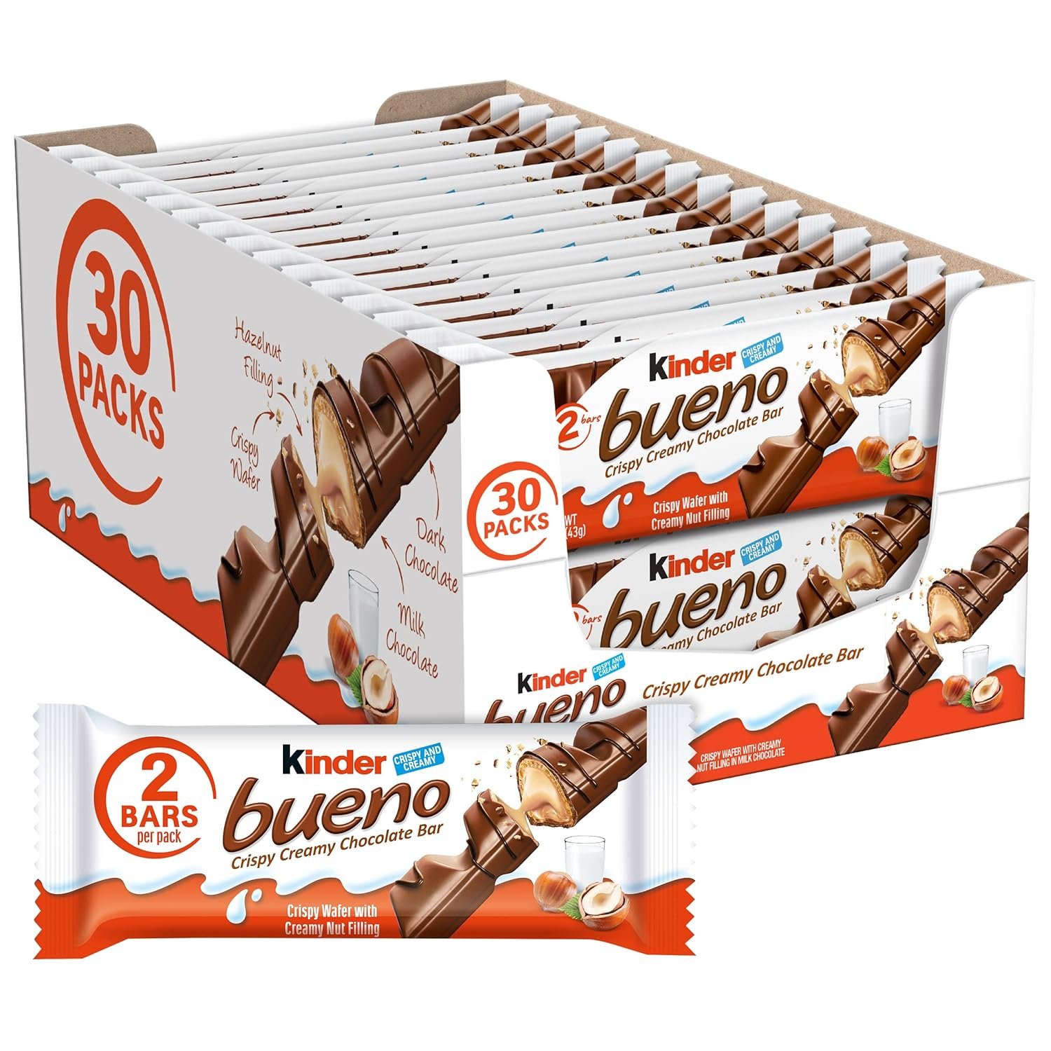 Kinder Bueno Milk Chocolate Bars with Hazelnut Filling, 30 Packs of 2, Bulk Chocolate Candy Bars for Game Day, Football Party Supplies, Snacks for Adults, 1.4 oz Per Pack