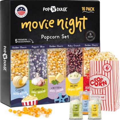 Pop n' Dulge Popcorn Movie Night Supplies 16 pcs Gift Set, 5 Gourmet Popcorn Kernels, 5 Seasoning Variety Packs Non-GMO Kosher Snacks, Great Housewarming Family Date Night Gifts Basket Ideas For Him Her