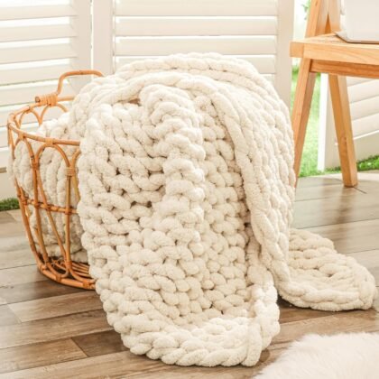 Bigacogo Chunky Knit Throw Blanket for Couch, 40x60 inches, 100% Hand Knitted with Thick Jumbo Chenille Yarn, Cozy Soft Large Rope Knot Cable Crochet Blankets for Sofa Bed Living Room, Beige