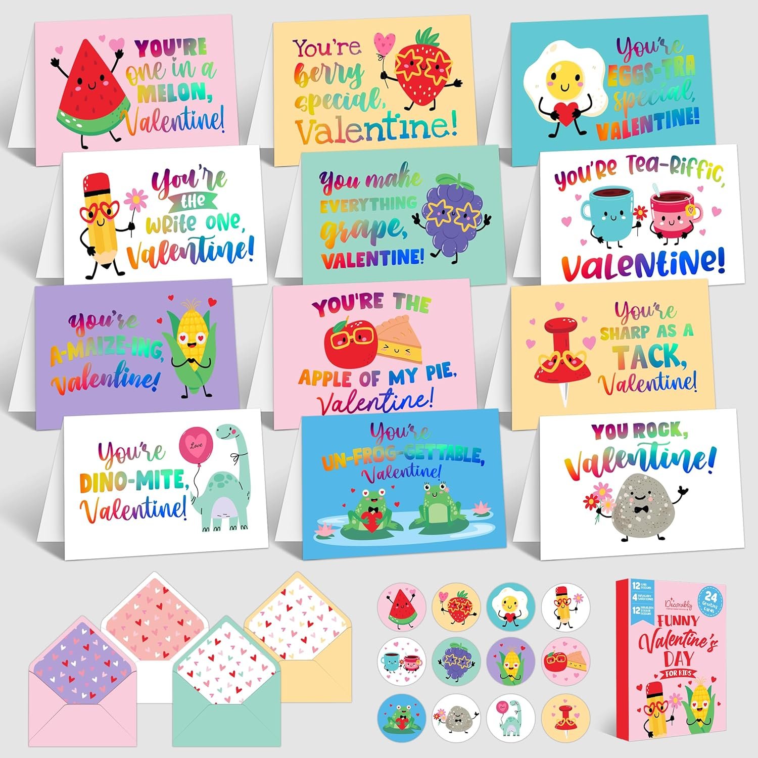 Decorably 24 Pack 6x4in Holographic Blank Valentines Day Cards with Envelopes and Stickers, 12 Funny Designs for Kids, Family, Friends & Loved Ones, Blank Inside - Hearts' Day, Gifting, Mailing