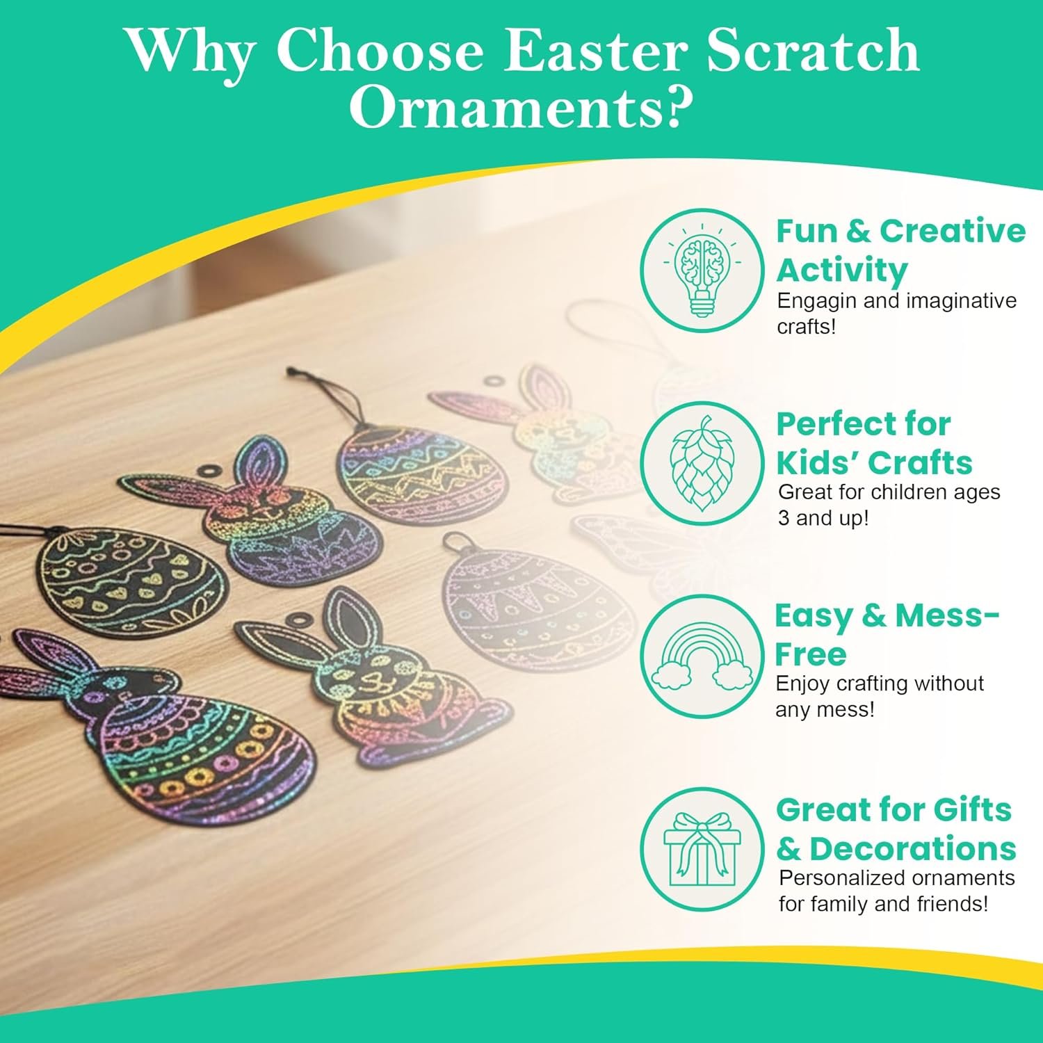 Iconikal 48-Count Easter Scratch Paper Ornaments, Art & Craft Bulk Pack with 24 Sticks Pastel Colored Underlayer - Image 3