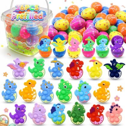 BicMan 36 Pack Prefilled Easter Eggs with Dinosaur Pop Fidget Toys, Easter Egg Hunt Basket Stuffers for Kids, Easter Classroom Party Favors Prizes