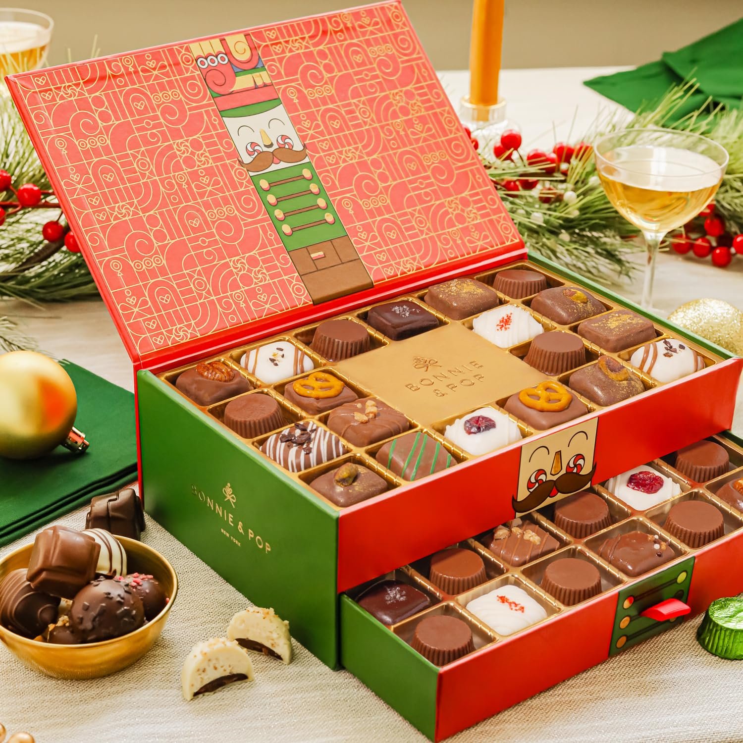 Chocolate Gift Basket, Candy Food Gifts, Gourmet Snack Box, Holiday Present Idea, Corporate Him & Her, Men, Women, Two-Tier Box with Assorted Belgian Truffles, 10+ Flavors, Bonnie and Pop (Red) - Image 2