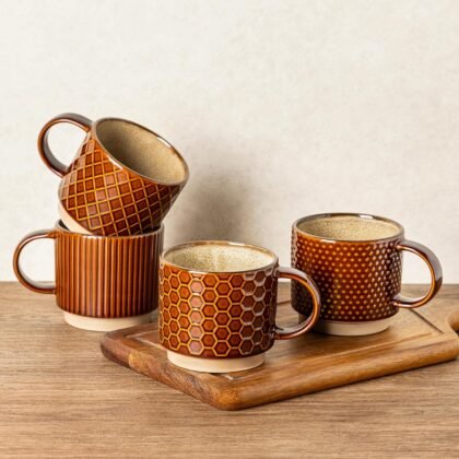 GBhome 12 OZ Stackable Coffee Mugs, Ceramic Coffee Cups with Texture Patterns for Man,Woman,Dad,Mom, Modern Mugs Set of 4 for Latte/Cappuccino/Cocoa. Dishwasher&Microwave Safe