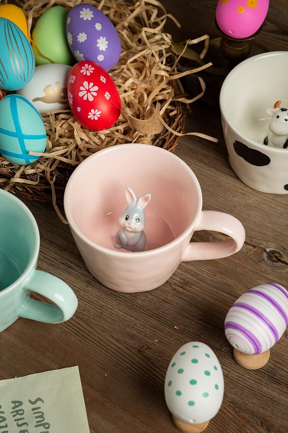DIHOclub Rabbit Ceramic Cup Hidden 3D Animal Inside Mug,Cute Cartoon Bunny Handmade Figurine Mugs,Easter Gifts,12 OZ (Pink) - Image 2