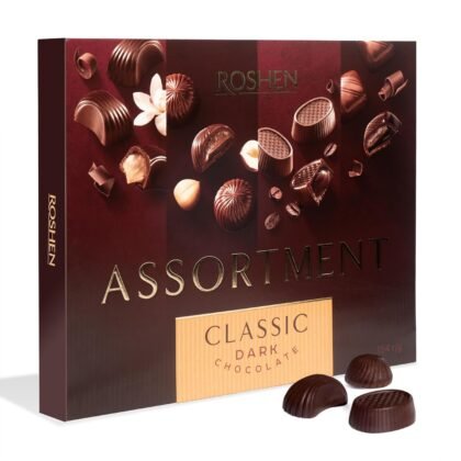 Roshen Assortment Classic Dark Chocolate Gift Box, 5.43 oz, European Gourmet Pralines with Crème Brûlée, Coffee Fudge, Nut & Dark Praline Fillings, Elegant Candy Gift for Birthdays, Holidays & More