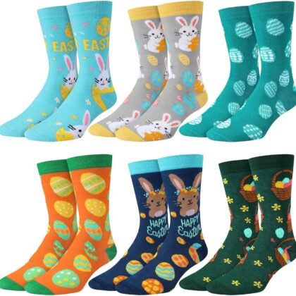 Eurzom 6 Pairs Funny Men's Easter Socks Bunny Eggs Pattern Crew Socks Spring Easter Basket Stuffers Gifts Size 7-12