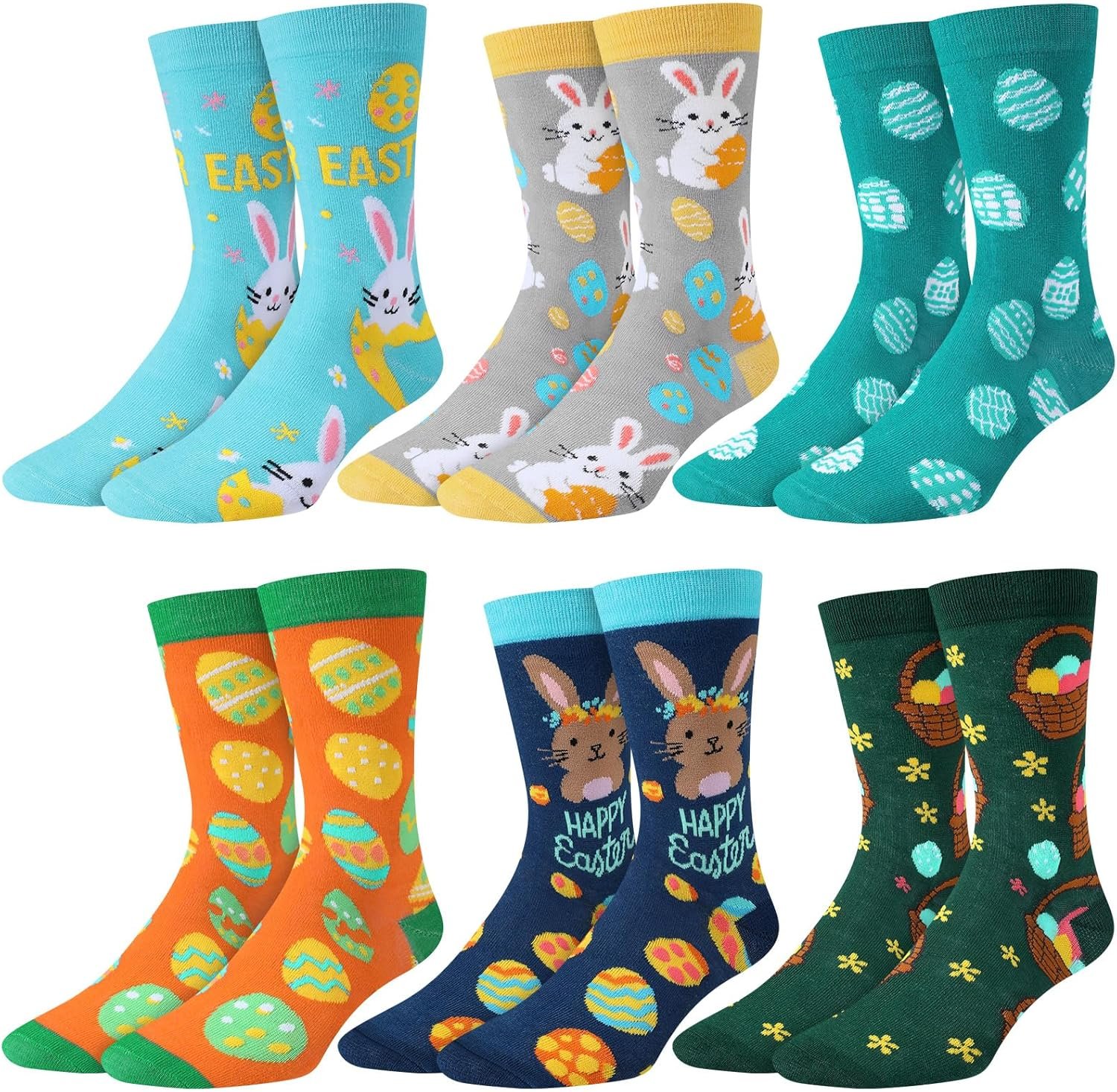 Eurzom 6 Pairs Funny Men's Easter Socks Bunny Eggs Pattern Crew Socks Spring Easter Basket Stuffers Gifts Size 7-12