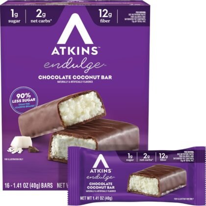 Atkins Endulge Chocolate Coconut Flavored Snack Bar, 1g Sugar, 12g Fiber, Low Sugar Snack, High Fiber Bars, Keto Friendly Treat, 16 Count