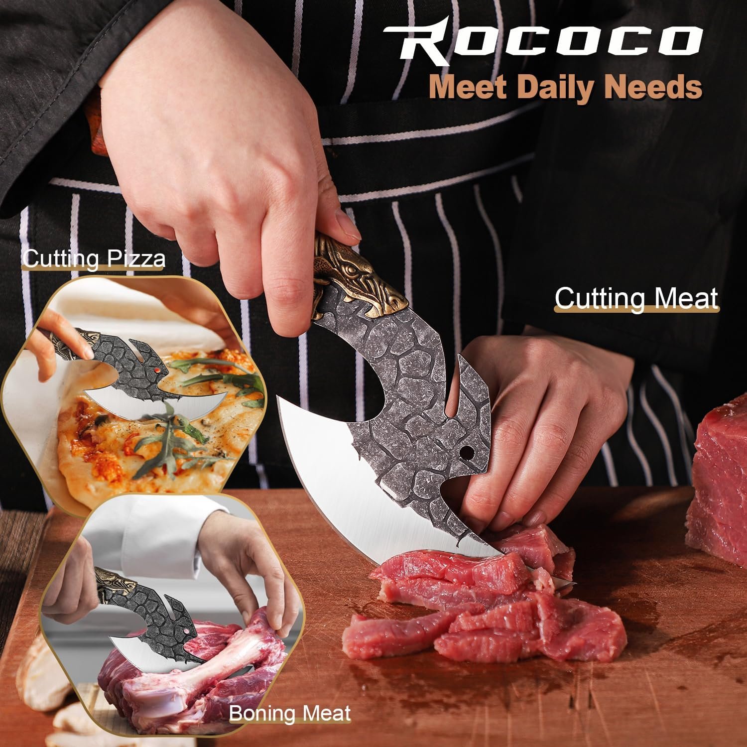 ROCOCO Viking Cleaver Knife Butcher Meat Cutting Boning Knife Hand Forged Chinese Kitchen Axe with Sheath Home Outdoor BBQ Camping Chirstmas Birthday Mother Father Gift Men - Image 2