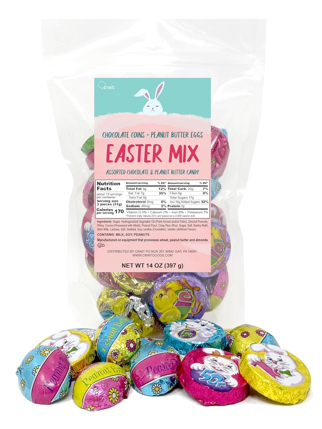 Easter Candy Individually Wrapped, Easter Chocolates for Easter Egg Hunts, Milk Chocolate Crisp Coins & Peanut Butter Eggs 43 Pieces Per Bag