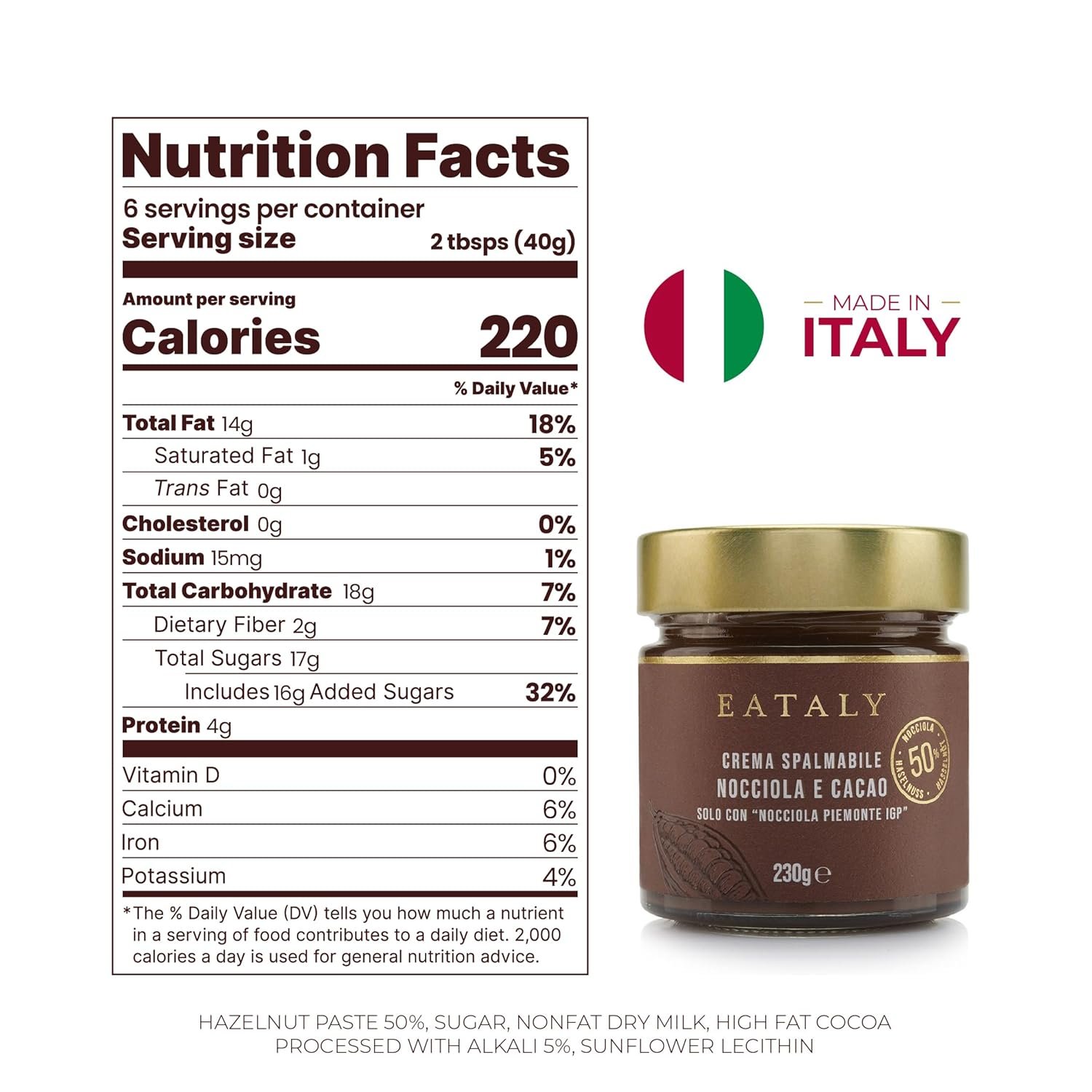 Eataly Gianduja Chocolate Spread, Crema Spalmabile Nocciola E Cacao- Made in Italy, 230g/ 8.1oz. Jar, 1-Pack - Image 2