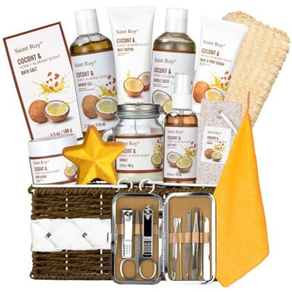 26 Pcs Coconut Honey Almond Spa Gift Basket for Women & Men Spa Gift Basket Luxury Bath and Body Basket Set, Large Luxury Home Spa Kit, Relaxing Self Care Pamper Gifts Birthday Bridal Shower