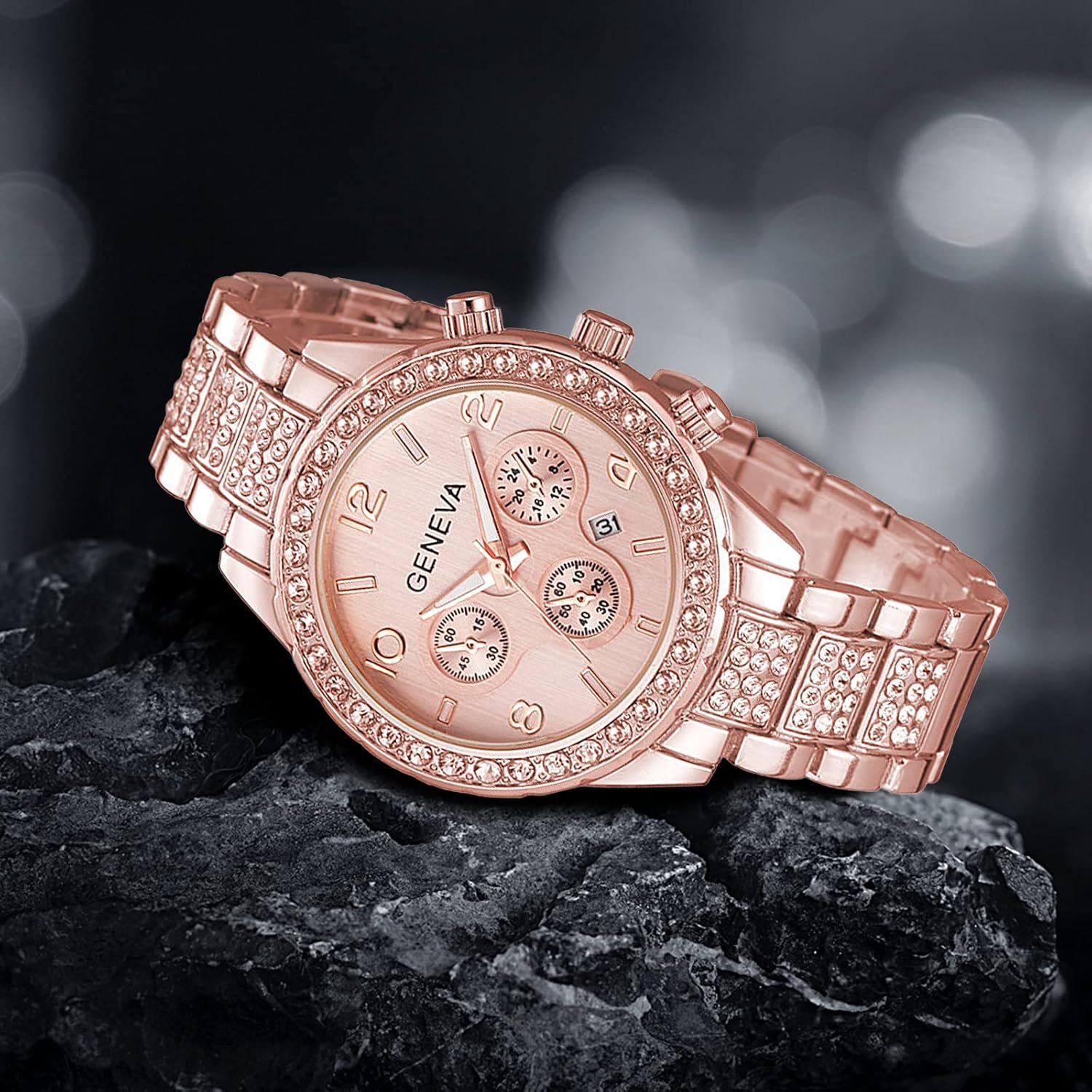 Luxury Unisex Crystal Diamond Watches Quartz Digital Calendar Rose Gold Silver Stainless Steel Watch - Image 5