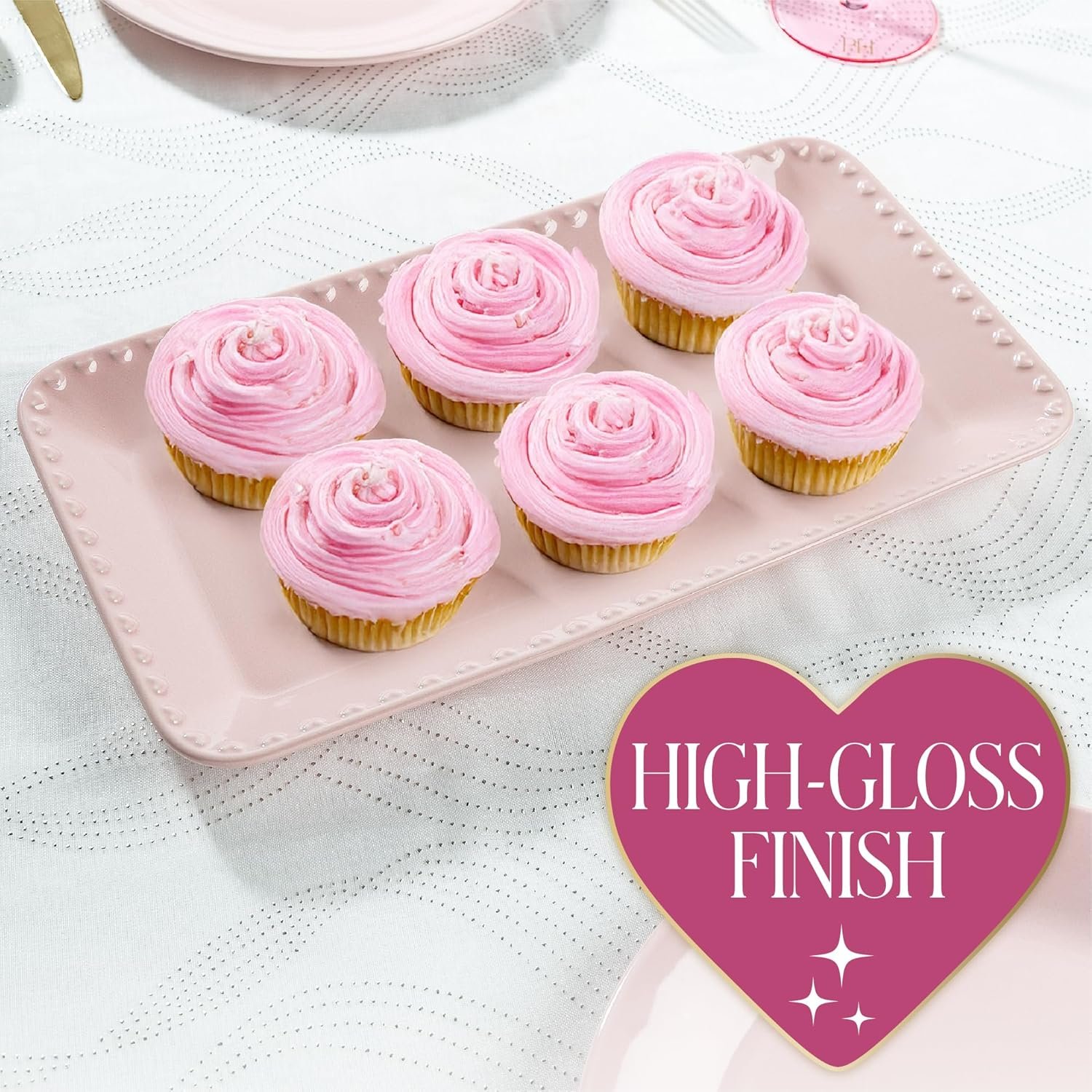 Paris Hilton Rectangle Ceramic Stoneware Serving Platter Tray, Embossed Hearts, Microwave Safe, 15x8-Inch, Pink - Image 3