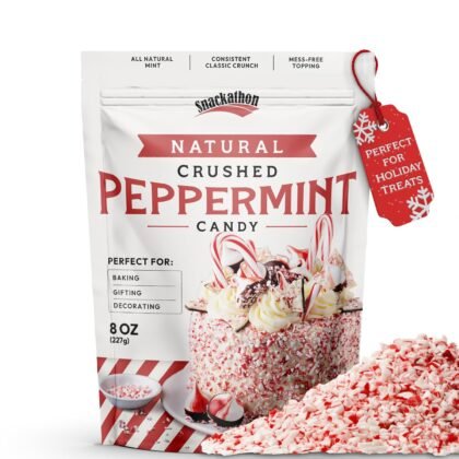Snackathon Crushed Peppermint Candy Pieces, Natural Red & White Mint Bits, 8 OZ Resealable Bag – Topping for Baking, Hot Cocoa, Ice Cream, Christmas Cookies & Holiday Desserts
