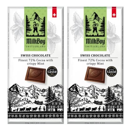 Milkboy Swiss Chocolates Crispy Mint Dark Chocolates - All Natural 72% Cocoa Bars - Made in Switzerland - Dairy Free - Vegan - Gluten Free - Non-GMO - Kosher - 3 oz, Pack 2