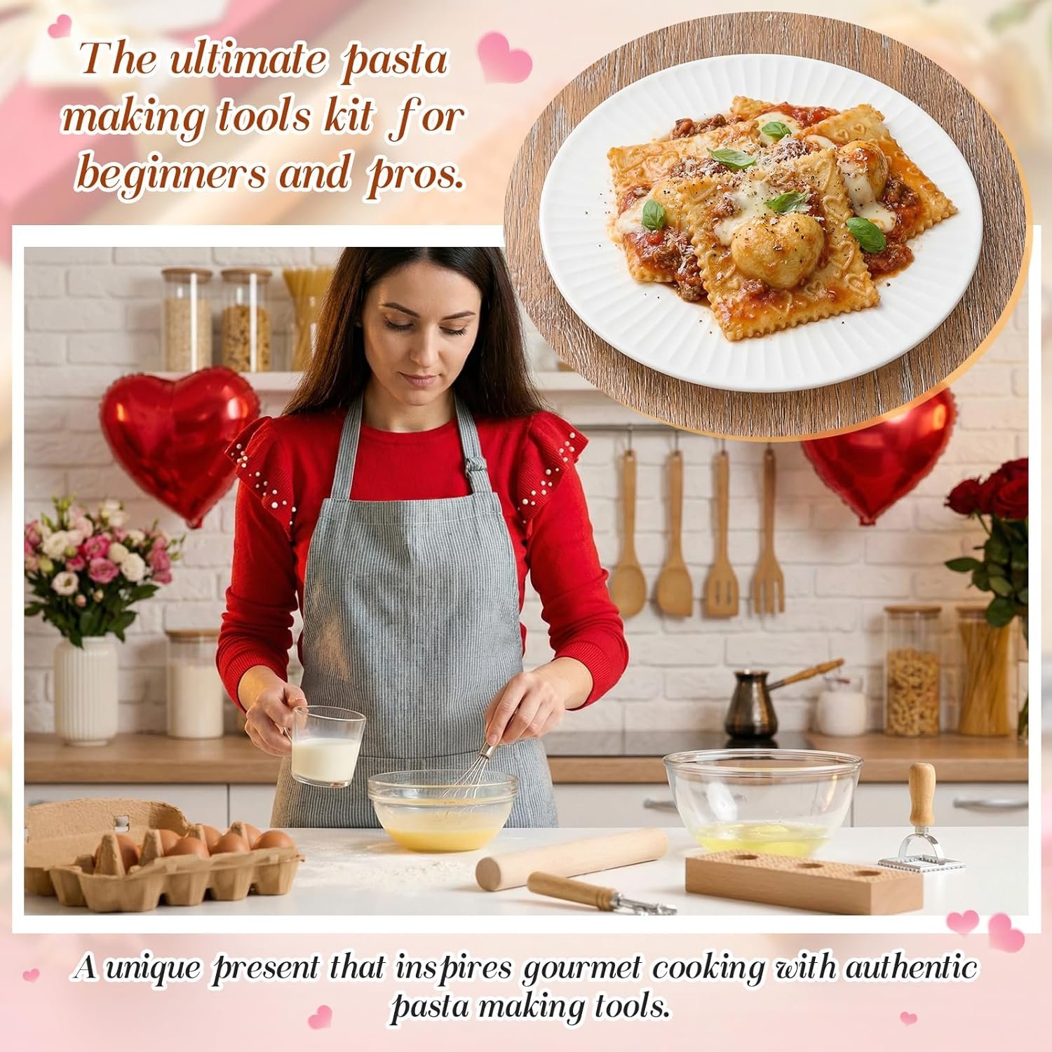 Valentine's Day Mold Heart Ravioli Mold Set Include Heart Ravioli Maker Press 2 Pasta Cutter Stamp Makers 1 Wood Rolling Pin Empanada Making Tool for Valentine's Day Kitchen Gift Homemade Cooking - Image 5