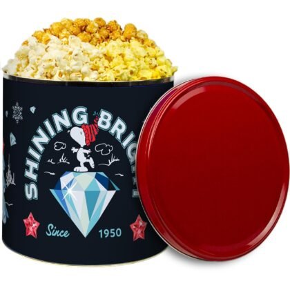 Giftpop Peanuts Snoopy Popcorn Tin with three flavors, Collectable, Gift Giving, White Cheddar, Butter Flavor, 3 Gallon Tin, Valentines Gift