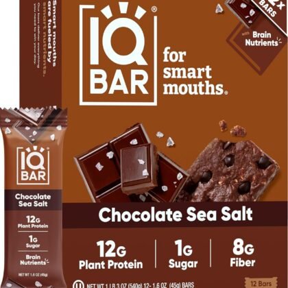 IQBAR Clean Plant Protein Bars - Chocolate Sea Salt - 12 Count - Keto, Vegan, High Fiber, Gluten and Dairy Free, Low Sugar Snack - Brain and Body Nutrients for Focus, Energy, Meal Replacement