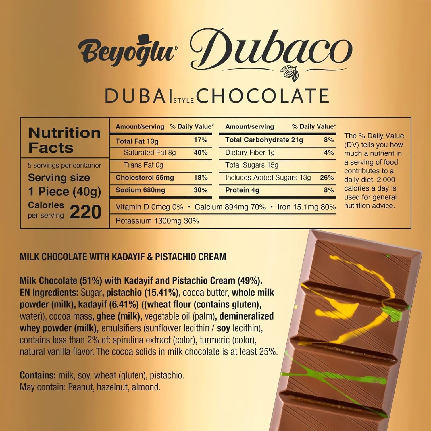Beyoglu Dubaco Dubai Chocolate Bar Pistachio 7.05 Oz (Pack of 1), Luxury & Premium Dubai Milk Chocolate Bar Filled with Pistachio Butter & Shredded Knafeh Kadayif - Image 2