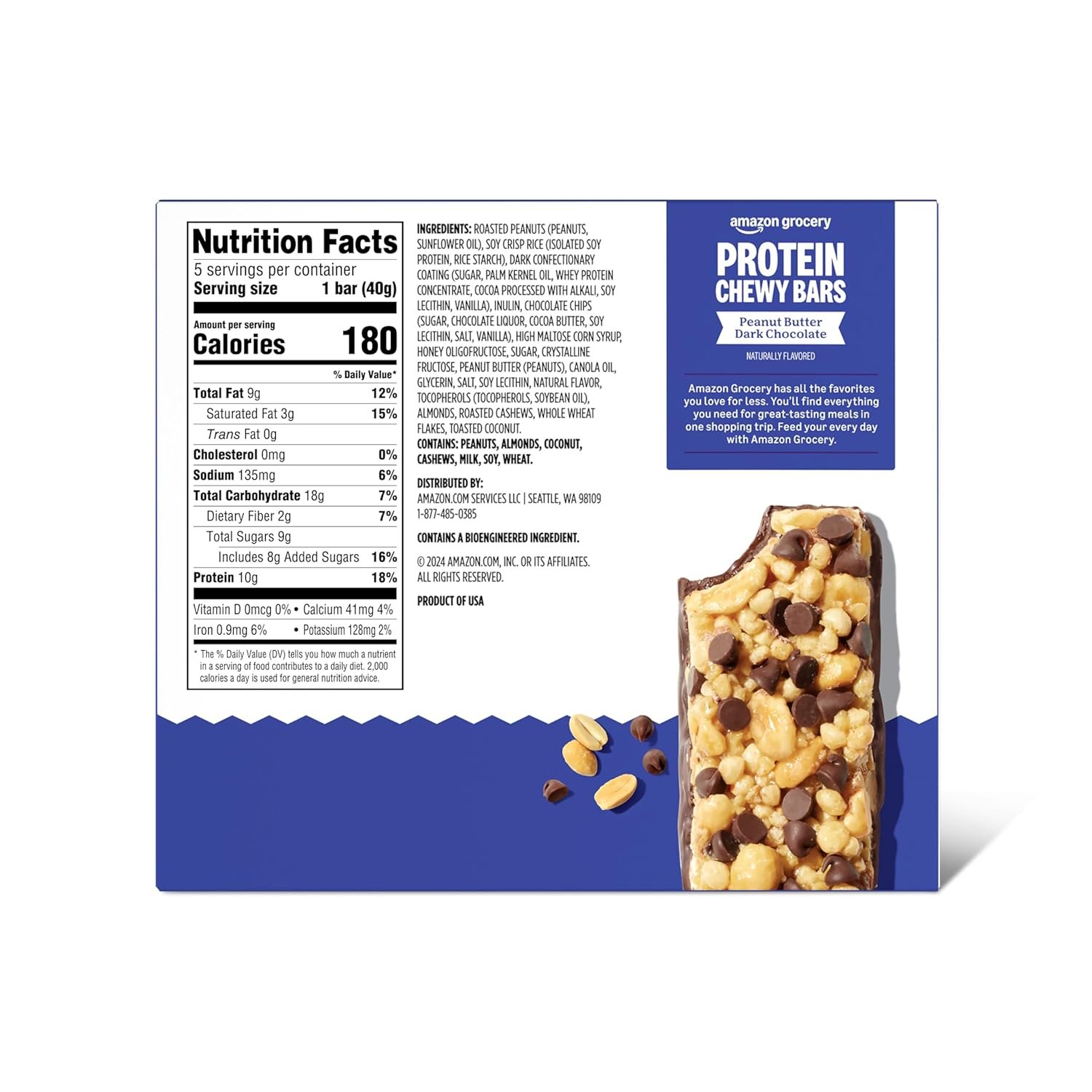 Amazon Grocery, Protein Chewy Bars, Peanut Butter Dark Chocolate Flavor, 7.1 Oz, 5 Ct - Image 2
