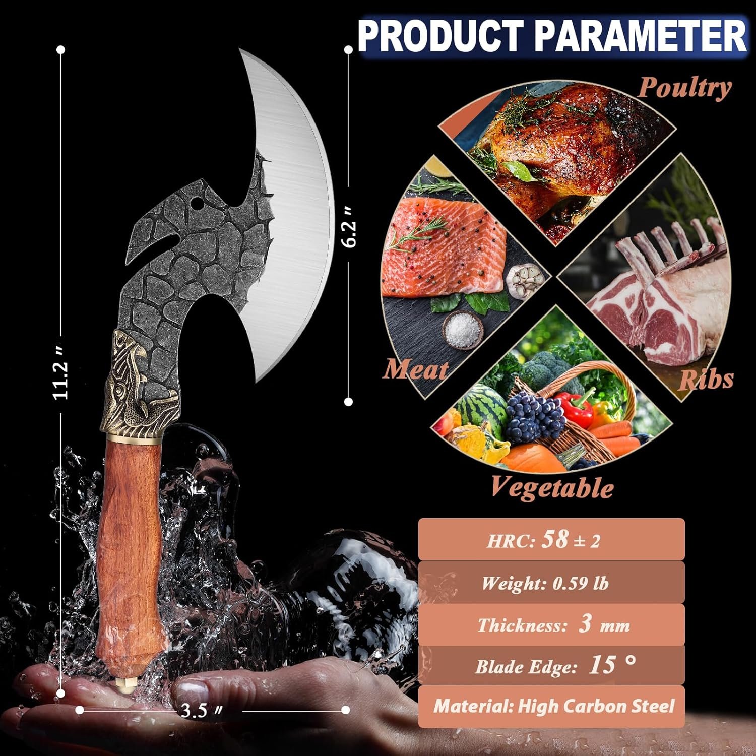 ROCOCO Viking Cleaver Knife Butcher Meat Cutting Boning Knife Hand Forged Chinese Kitchen Axe with Sheath Home Outdoor BBQ Camping Chirstmas Birthday Mother Father Gift Men - Image 6