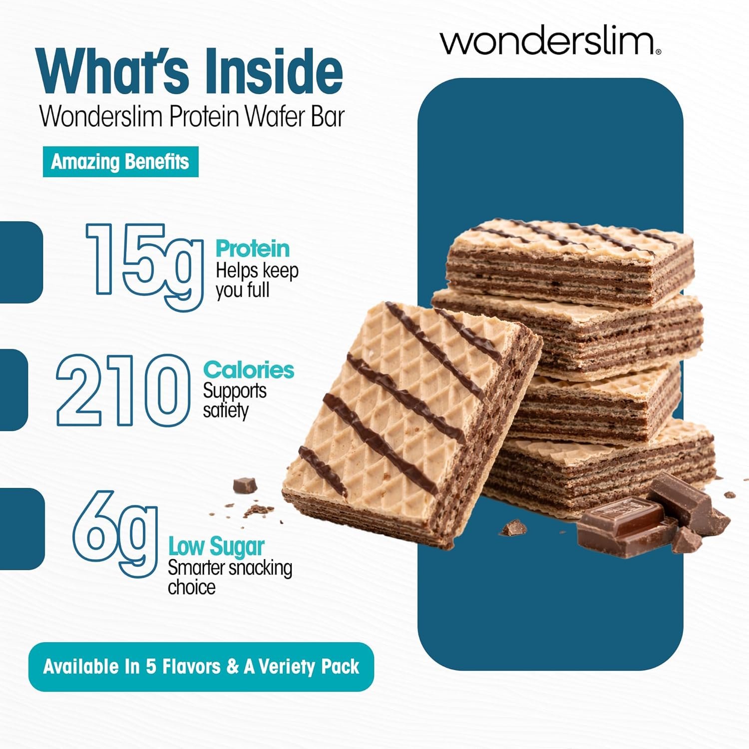 WonderSlim Protein Wafer Snack Bar, Chocolate, 210 Calories, 15g Protein, 0mg Cholesterol (5ct) - Image 2