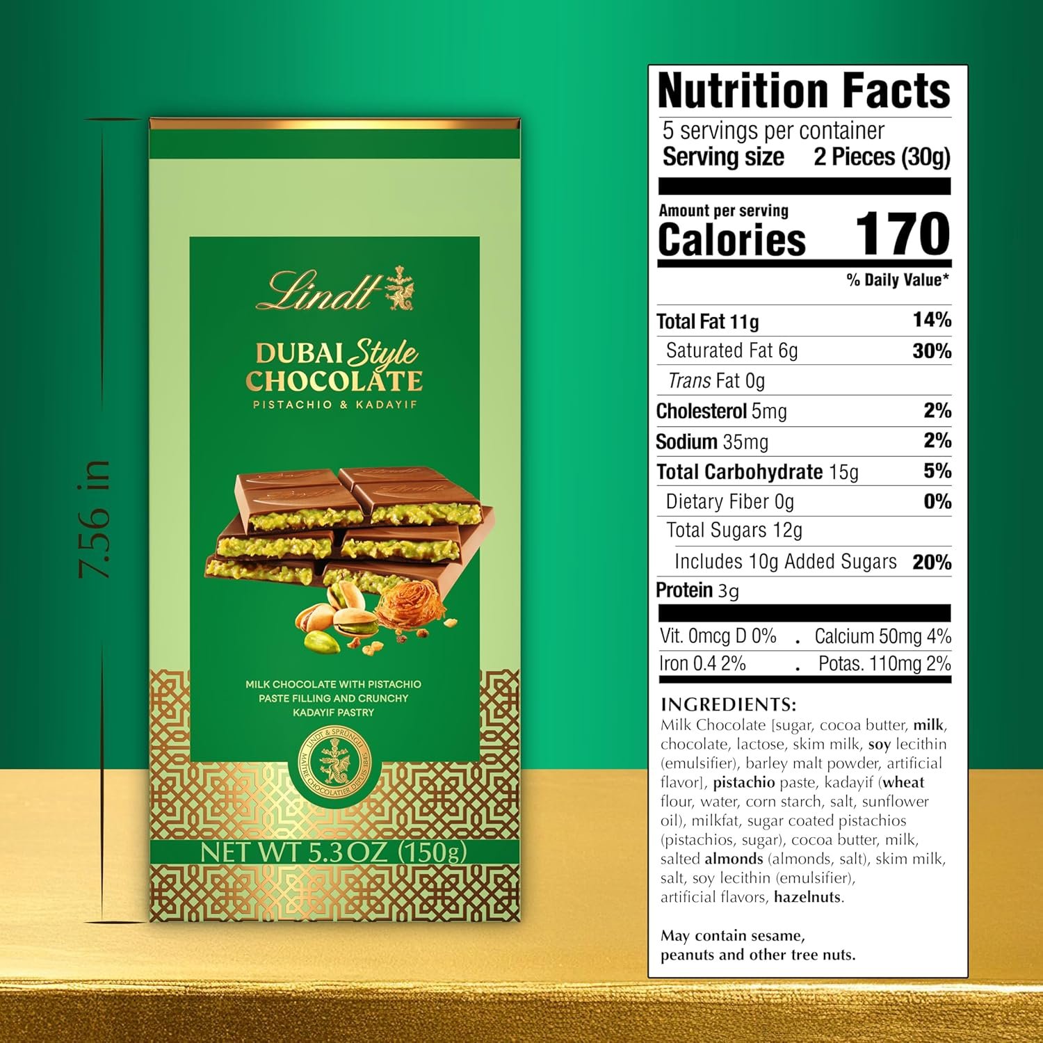 Lindt Dubai Style Milk Chocolate Candy with Pistachio & Kadayif, 5.3 oz. Bar - Image 2