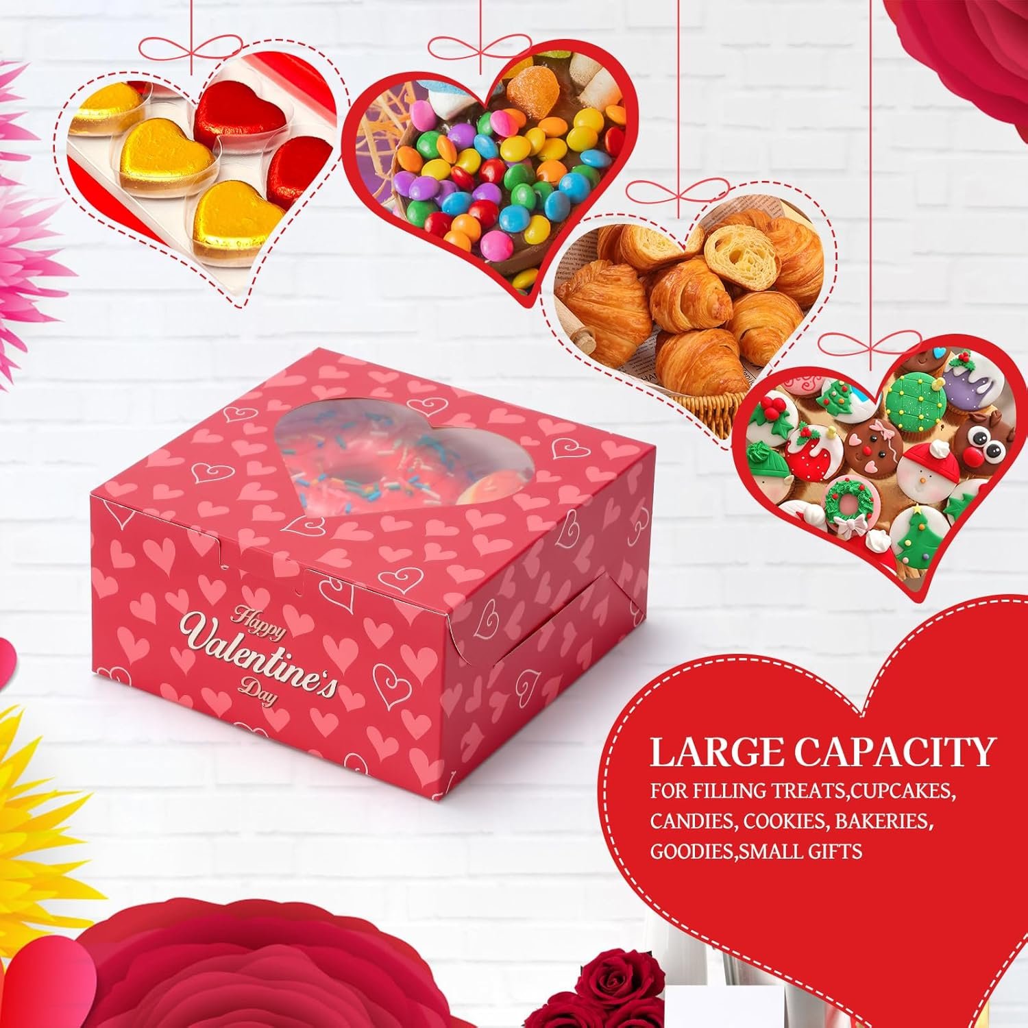30 Pack Small Valentine's Day Cookie Boxes, 6x6x3 inches Cupcake Containers Valentines Bakery Treat Boxes with Heart Window for Cupcakes Donuts Cookie Chocolates Strawberries - Image 4