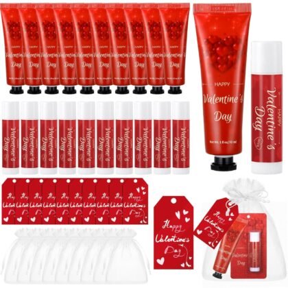 30 Sets Valentine's Day Hand Cream and Lip Balm Gift Bulk for women Romantic Love Heart Gifts with Organza Bag, Tag, Valentine Party Favors for family Teacher Nurse Coworker