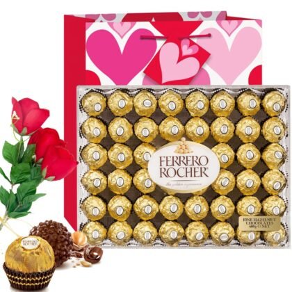 Valentine Day Gift Ferrero Rocher Hazelnut Chocolates Diamond Box 48 Count | Velvet Artificial Rose Flower bouquet | Premium Gift Bag Basket Love Heart Wife Girlfriend Mother Daughter Her (Hazelnut)