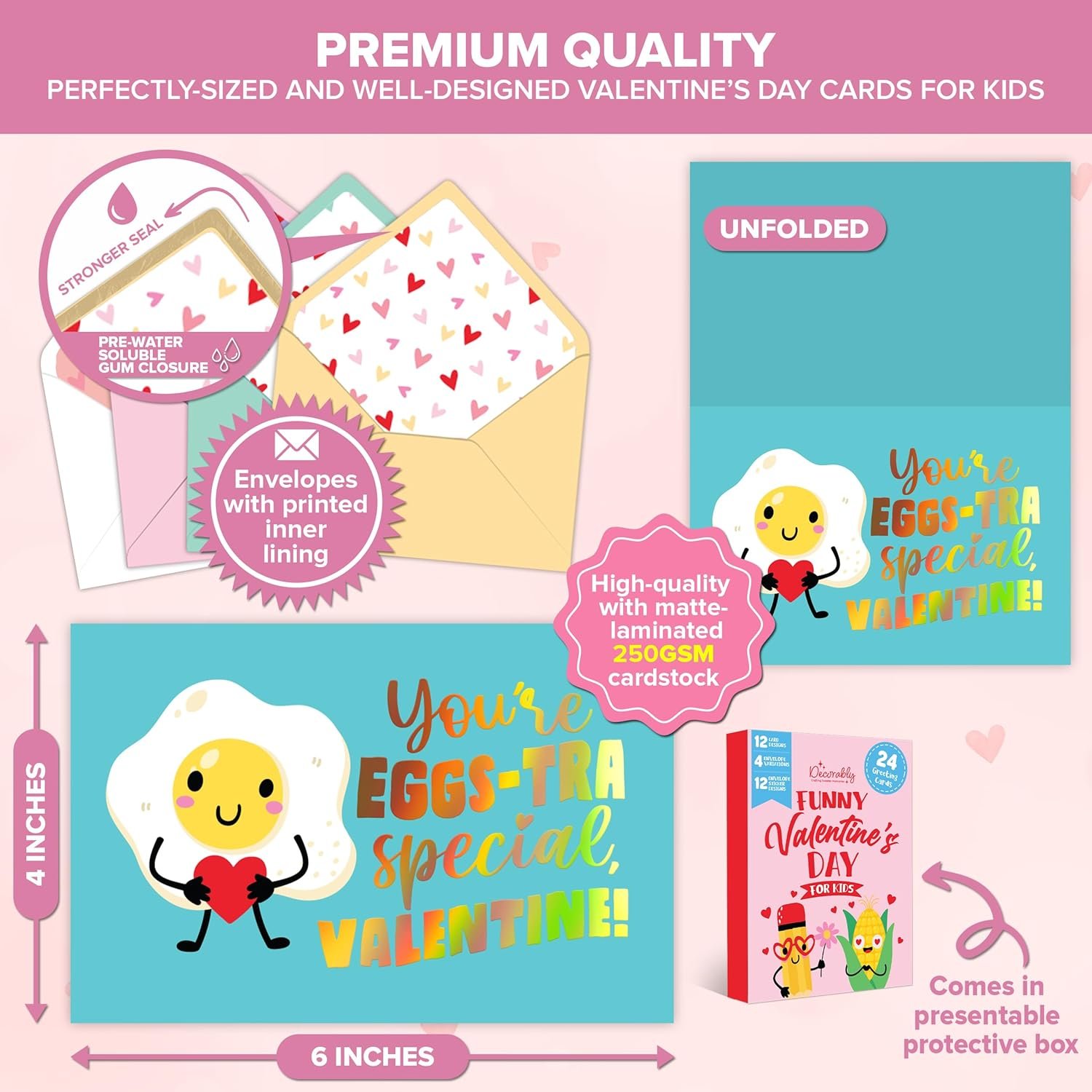 Decorably 24 Pack 6x4in Holographic Blank Valentines Day Cards with Envelopes and Stickers, 12 Funny Designs for Kids, Family, Friends & Loved Ones, Blank Inside - Hearts' Day, Gifting, Mailing - Image 3