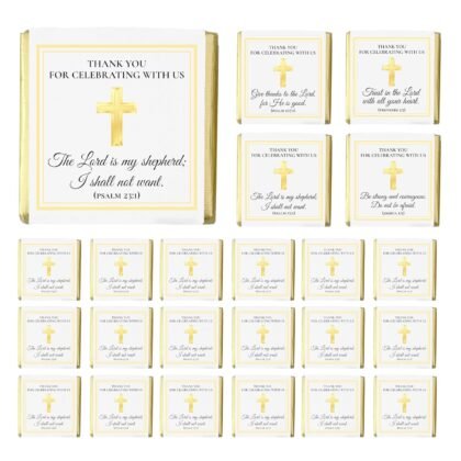 Bible Verse Chocolate Set, 50pcs Milk Chocolate Squares – Religious Party Favors for Baptism, First Communion, Confirmation, Christian Gifts – 4 Inspirational Scripture Designs