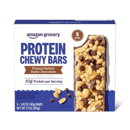 Amazon Grocery, Protein Chewy Bars, Peanut Butter Dark Chocolate Flavor, 7.1 Oz, 5 Ct