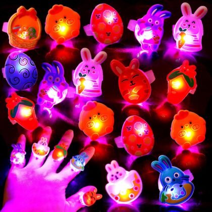 FOIMAS Easter Party favors,50Pcs Bunny Chick Egg LED Light Up Rings for Easter Basket Stuffers Egg Fillers Glow In The Dark Party Supplies Toys Gift Boys Girls