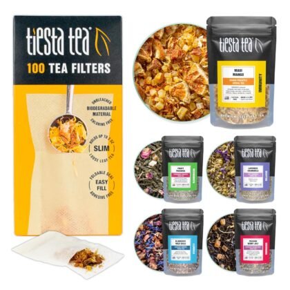 Tiesta Tea Premium Starter Loose Leaf Sampler Kit - Classic Tea Blends, High to Non Caffeinated, Hot & Iced Brews, Starter Set with Black, Green, Herbal Sample Bags and 100 Disposable Tea Filters